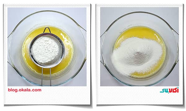 الک کردن آرد روی مواد کاپ کیک ولنتاینی