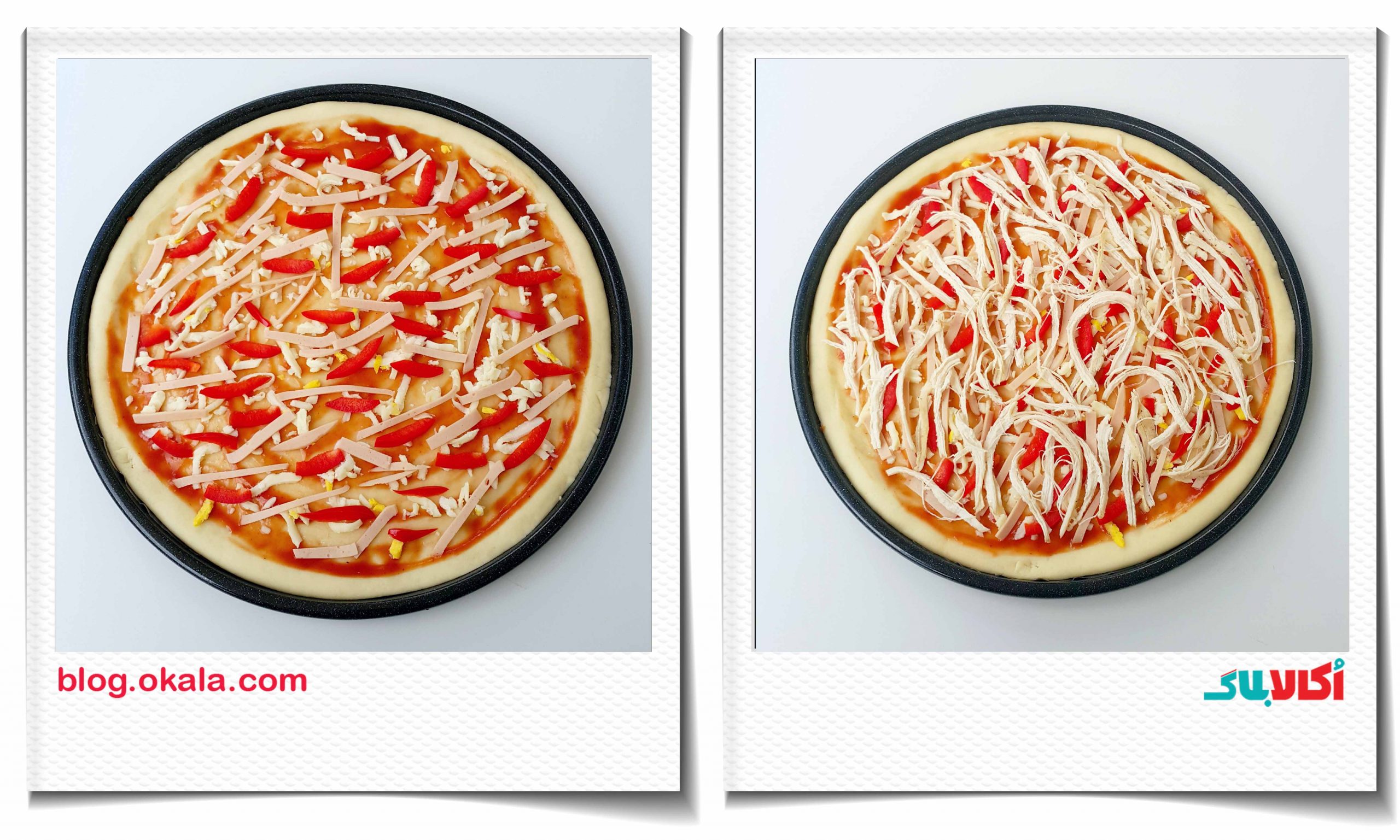 ریختن مواد پیتزا روی خمیر
