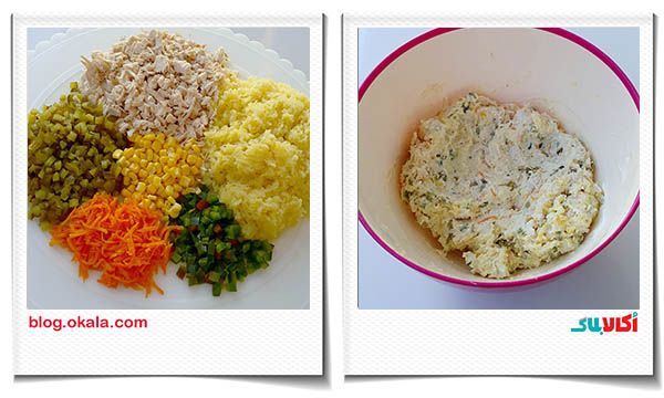 مواد داخل کرپ (الویه) مانند سالاد مرغ برای بستن کرپ رول الویه مواد داخل کرپ (الویه) مانند سالاد مرغ برای بستن کرپ رول الویه