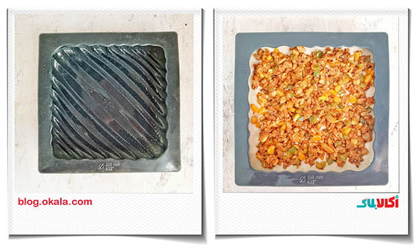 ریختن مواد کیک گوشت روی خمیر