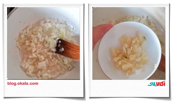 تفت دادن سیر و پیاز تفت دادن سیر و پیاز در سوپ کدو سبز