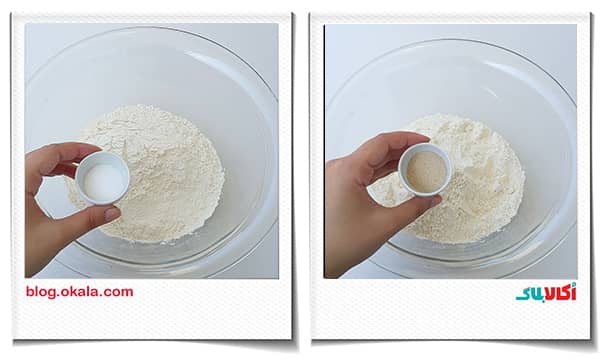 اضافه کردن خمیر مایه و نمک به مواد کالزونه
