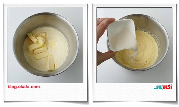 کره نرم شده و شیر برای مواد کیک کره ای فندق و نوتلا