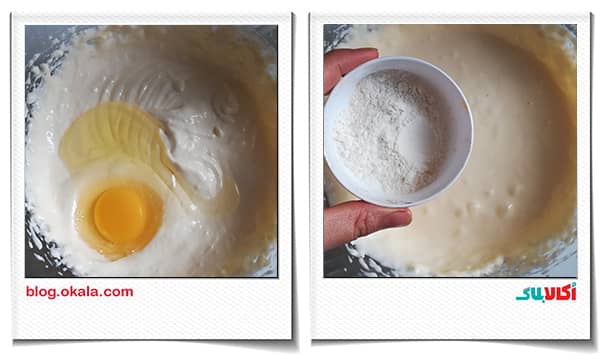 اضافه کردن تخم مرغ بعدی و آرد سفید به فیلینگ پنیری تارت