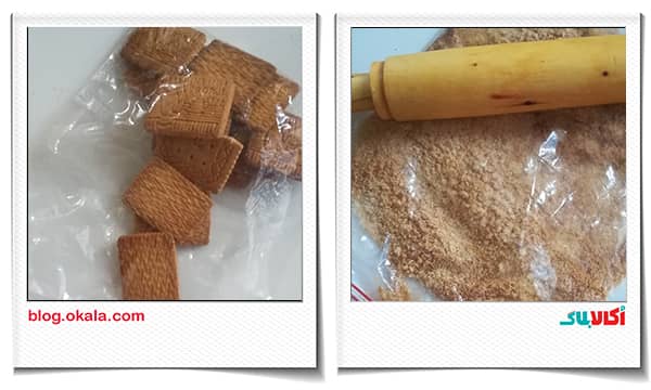 پودر کردن بیسکوییت در چیز کیکی لیوانی انار