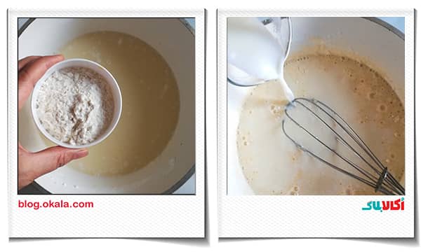 اضافه کردن شیر و آرد به مواد کرمی کیک پودینگی شب یلدا 