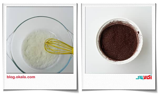 سفیده تخم مرغ و ریختن پودر کاکائو و شکر در مواد شیرینی نارگیلی شکلاتی