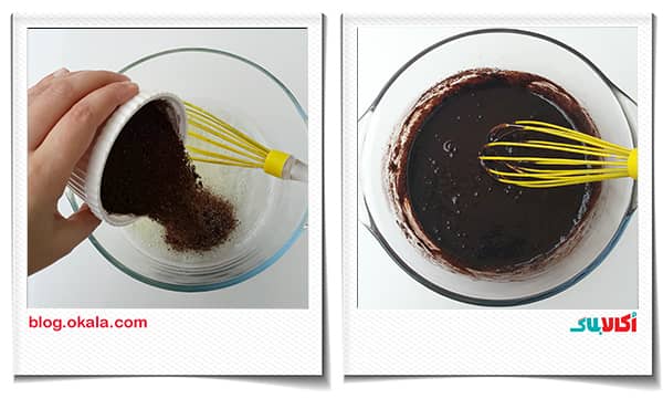 اضافه کردن پودر کاکائو به مواد شیرینی نارگیلی شکلاتی