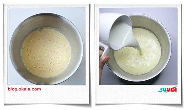 اضافه کردن شیر گرم به مواد کیک طرح دار قلبی ولنتاین