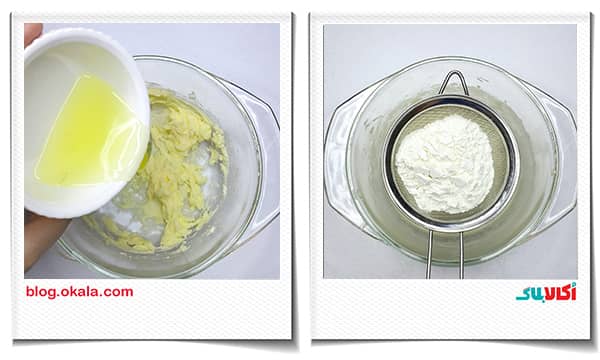 اضافه کردن سفیده تخم مرغ و آرد به مواد کیک طرح دار قلبی