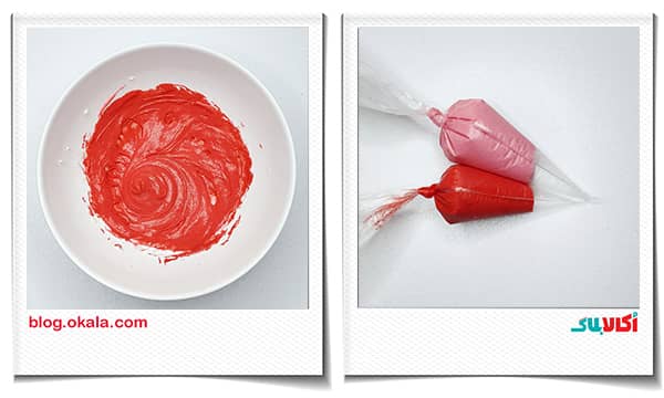 رنگی کردن (قرمز و صورتی) کرم‌های کیک قلبی برای ولنتاین
