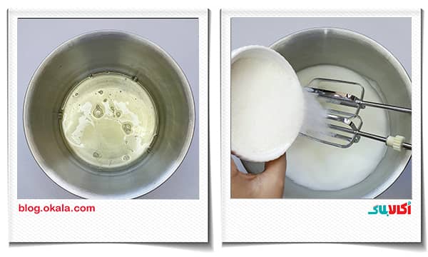 جدا کردن زرده و سفیده تخم مرغ و ریختن شکر در سفیده در پای سیب