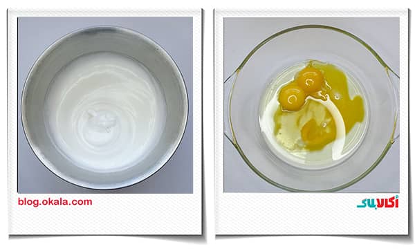 ریختن زرده و وانیل و عسل در یک ظرف و هم زدن آن در پای سیب