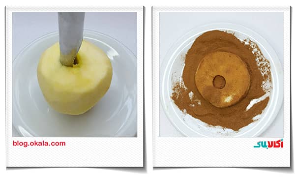 خارج کردن هسته‌های سیب و آغشته کردن سیب به دارچین در پای سیب