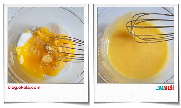 ویسک کردن زرده تخم مرغ در کرم کیک تیرامیسو