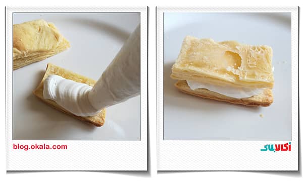 پایپ کردن خامه بر روی خمیر شیرینی ناپلئونی