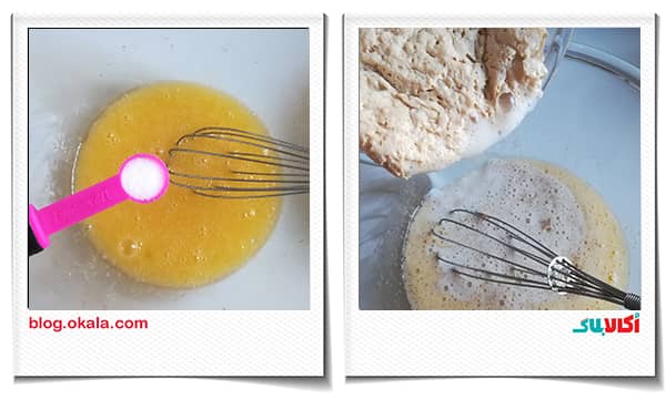 اضافه کردن خمیر مایه به مواد تخم مرغ در نان شیر مال
