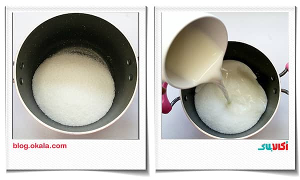 مخلوط شکر و شیر در تارت حلوا برای شربت حلوا