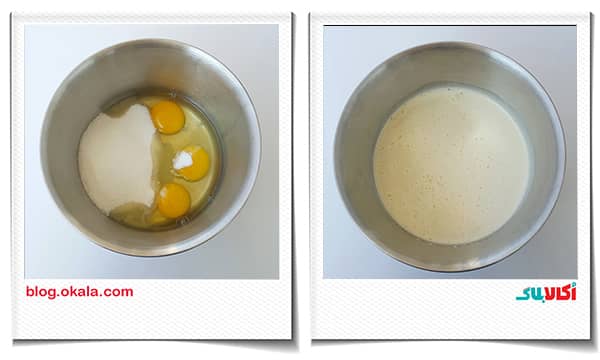 اضافه کردن تخم مرغ و شکر و وانیل با هم در کیک قیسی
