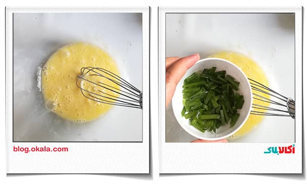 اضافه کردن پیازچه به تخم مرغ در تارت قارچ و پنیر
