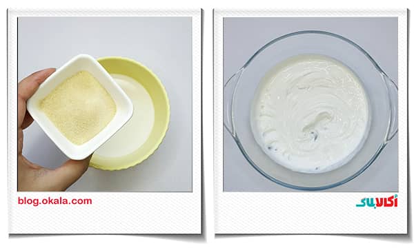 پودر ژلاتین و خامه هم زده در اسلایس موس توت فرنگی