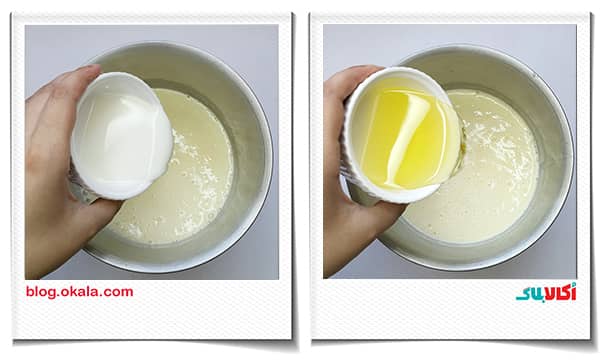 اضافه کردن شیر و روغن به مواد اسلایس موس توت فرنگی