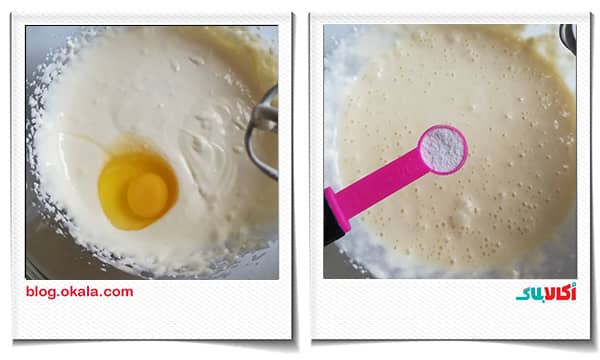 اضافه کردن تخم مرغ و وانیل به مواد پینیری چیز کیک آلبالو