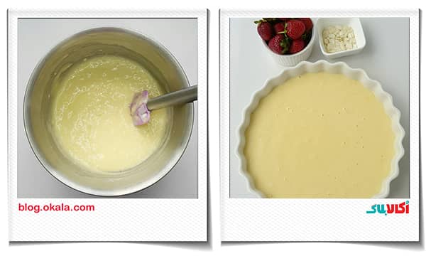 ریختن مایع کیک توت فرنگی در قالب