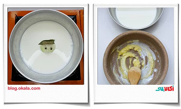 گرم کردن شیر با پیاز و برگ بو و میخک در گراتن پاستا