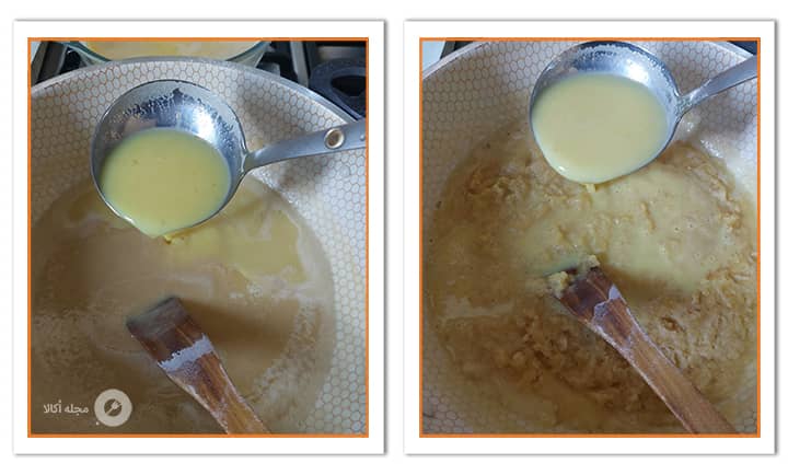 ریختن شربت شیری به مواد آرد در حلوای شیر
