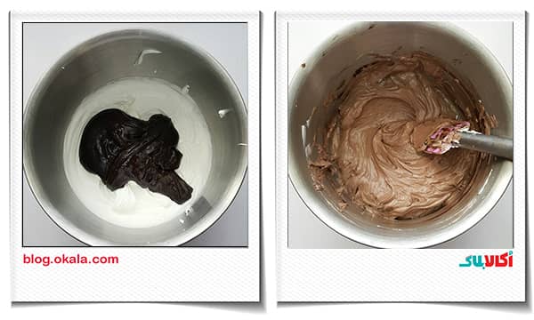 در بستنی شکلاتی خامه را با شکلات و شیر عسل مخلوط کنید