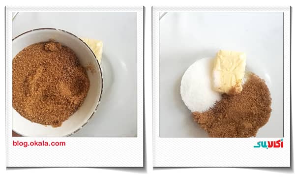 مخلوط کردن کره و شکر سفید و قهوه ای برای درست کردن کوکی آلبالو