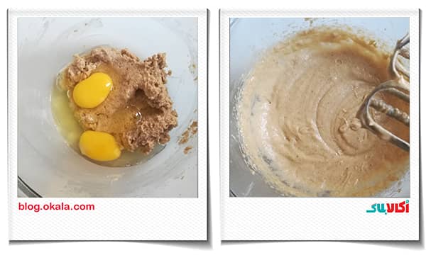 اضافه کردن تخم مرغ به مواد کره و شکر در کوکی آلبالو و شکلات