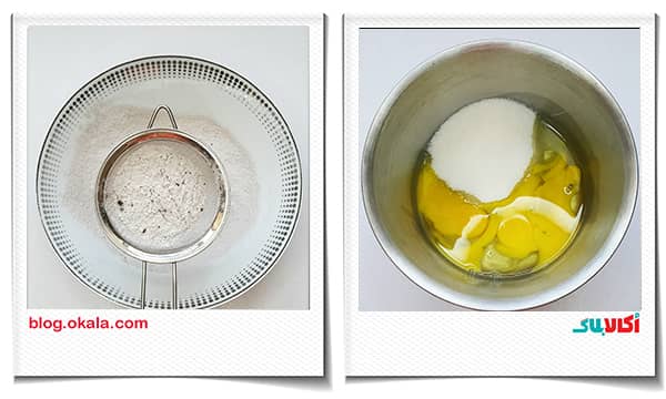 تخم مرغ و شکر را در کیک با فیلینگ کارامل مخلوط کنید
