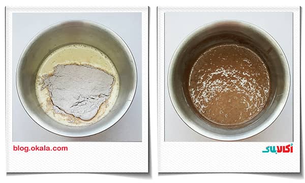 اضافه کردن آرد و پودر کاکائو به مواد کیک با فیلینگ کارامل