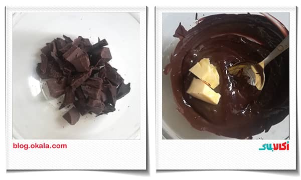 شکلات در گاناش کیک گلابی شکلاتی