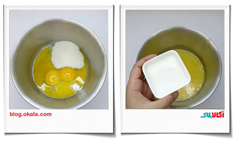 ریختن شکر و وانیل به زرده تخم مرغ در رولت سیب و دارچین