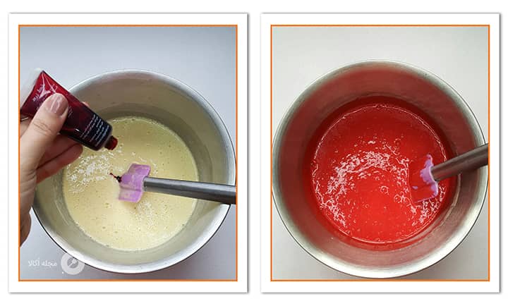 اضافه کردن رنگ قرمز به مواد کیک قرمز برای رولت هندوانه