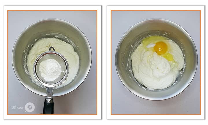 اضافه کردن آرد و نشاسته ذرت به همراه تخم مرغ به مواد لایه پنیری مینی چیز کیک کاراملی اضافه کردن آرد و نشاسته ذرت به همراه تخم مرغ به مواد لایه پنیری مینی چیز کیک کاراملی