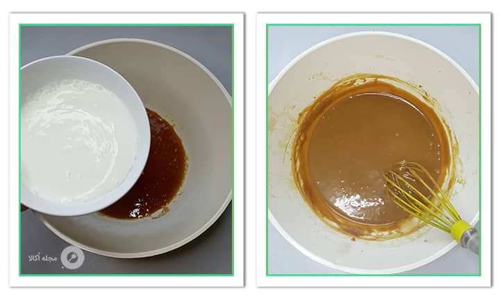 اضافه کردن خامه هم زده شده به شکر تفت داده شده برای سس کاراملی اضافه کردن خامه هم زده شده به شکر تفت داده شده برای سس کاراملی