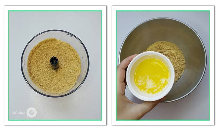 اضافه کردن کره بن ماری شده به پودر بیسکوئیت در مینی چیز کیک کاراملی اضافه کردن کره بن ماری شده به پودر بیسکوئیت در مینی چیز کیک کاراملی