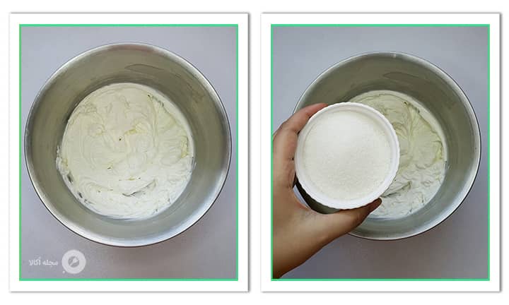 اضافه کردن شکر به خامه زده شده در لایه پنیری مینی چیزکیک کاراملی اضافه کردن شکر به خامه زده شده در لایه پنیری مینی چیزکیک کاراملی