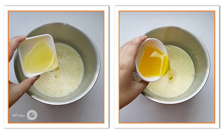 ریختن آب پرتقال و روغن مایه در کیک پرتقال