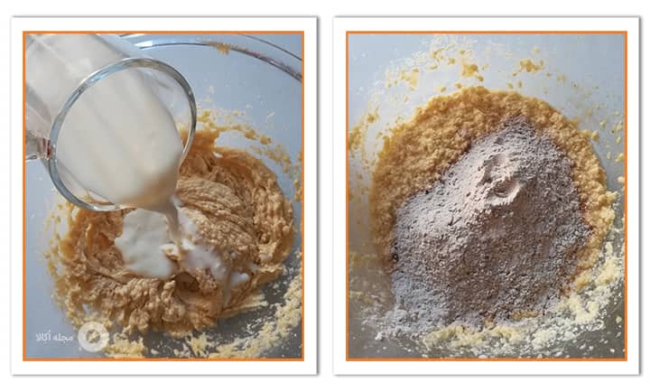 اضافه کردن آرد و شیر به مواد شیرینی ووپی پای ردولوت