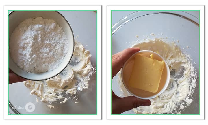 اضافه کردن پودر قند و کره به مواد کرم پنیری ووپی پای ردولوت