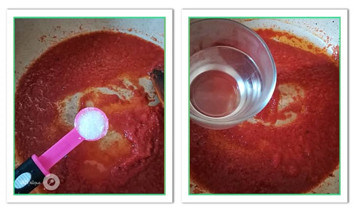 ریختن نمک و آب برای سس گوجه در کباب زردک 