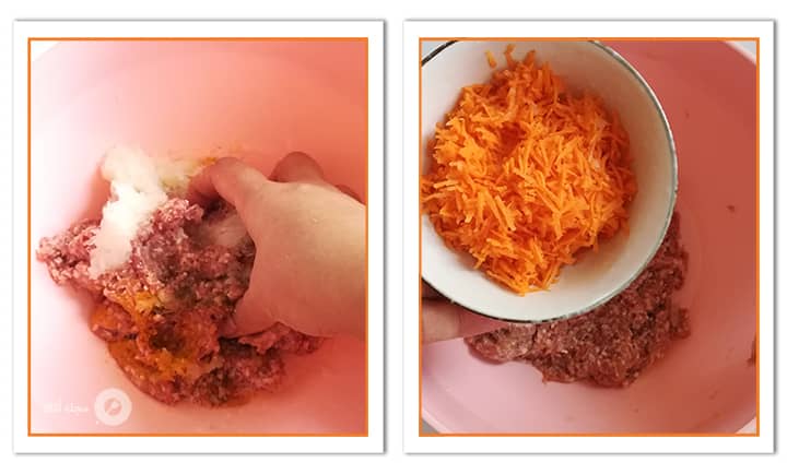 اضافه کردن هویج و ورز دادن گوشت در کباب مشتی اصفهانی