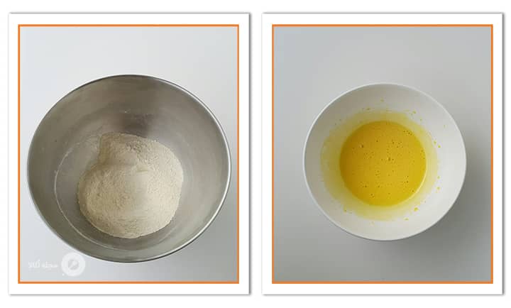 زدن زرده تخم مرغ در شیرینی حاجی بادام