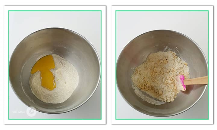 اضافه کردن زرده تخم مرغ به مواد خشک شیرینی حاجی بادام