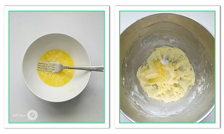 اضافه کردن تخم مرغ زده شده به مواد شیرینی رومیاس